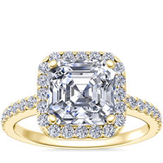 Asscher Cut Classic Halo Diamond Engagement Ring in 14k Yellow Gold
